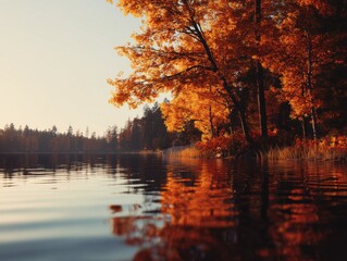 Poster - Autumn Trees Reflecting on Lake Surface at Sunset, Evoking Tranquility and Natural Beauty for Travel and Tourism Campaigns : Generative AI