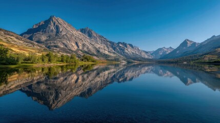 Poster - Mountain Range Reflected in Still Lake Under Blue Sky, Representing Serenity and Environmental Conservation in Nature Photography : Generative AI