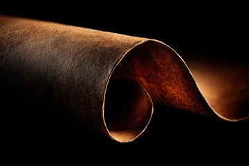 Aufkleber - Curled Piece of Brown Paper Against Black Backdrop, Symbolizing Vintage Texture and Creative Design : Generative AI