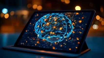 Wall Mural - digital visualization of neural networks and brain activity on modern tablet screen at night.