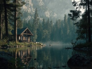 Poster - Secluded Cabin on Misty Lake Surrounded by Forest, Representing Peaceful Retreat and Nature Getaway for Tourism and Real Estate Marketing : Generative AI