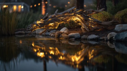 Poster - Glowing Driftwood Over Still Pond at Twilight, Symbolizing Tranquility and Natural Beauty for Wellness Retreats and Outdoor Recreation : Generative AI