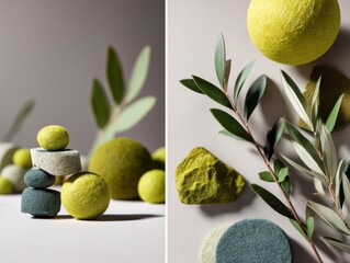 Aufkleber - Zen Still Life With Green Spheres and Olive Branch, Symbolizing Wellness and Sustainable Living, Ideal for Spa Promotion and Eco-Friendly Product Marketing : Generative AI