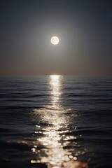 Poster - Full Moon Over Calm Ocean Waters at Night, Evoking Serenity and Peaceful Reflection for Wellness Retreats and Nature Getaways : Generative AI