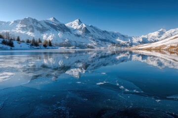 Poster - Frozen Lake Reflecting Snow-Capped Mountains Under Clear Blue Sky, Showcasing Winter Scenery and Environmental Preservation Efforts : Generative AI