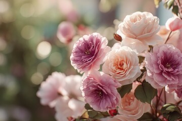 Aufkleber - Pastel Pink Roses Blooming in Garden Sunlight, Symbolizing Romance and Floral Beauty for Wedding Invitations and Springtime Celebrations : Generative AI