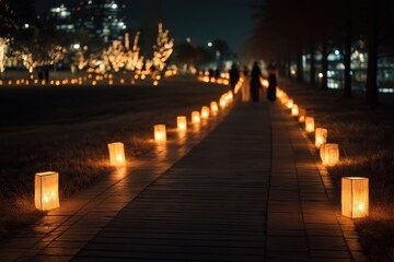 Aufkleber - Illuminated Path With Paper Lanterns at Night, Representing Hope and Community Celebration, Perfect for Holiday Marketing and Peaceful Reflection : Generative AI