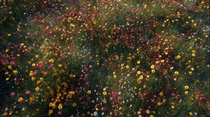 Poster - Aerial View of Wildflower Meadow, Representing Natural Beauty and Environmental Conservation, Perfect for Springtime Promotions and Outdoor Adventure Campaigns : Generative AI