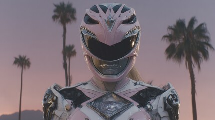 Poster - A futuristic female figure clad in a pink metallic helmet and suit stands in a palm tree grove at sunset
