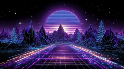 Poster - A landscape that blends retro and futuristic elements, complete with mountains and a bright, shining sun