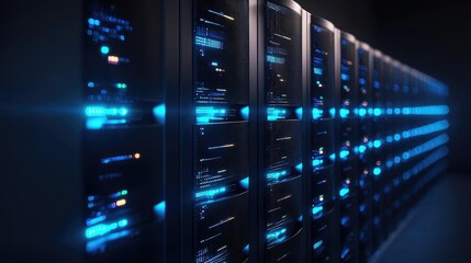 Poster - Wide angle shot of illuminated data servers in a dark tech room, perfect for visuals on internet technology, server maintenance, and data infrastructure solutions