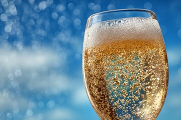 Poster - Sparkling drink in a clear glass with bubbles against a bright blue sky backdrop
