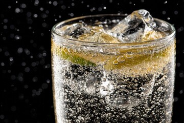 Poster - Refreshing sparkling drink with lime slice served over ice in a glass against a dark background