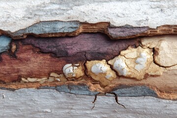 Aufkleber - Detailed close-up of peeling wood revealing textures and colors in an aged surface