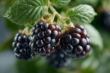 Poster - Fresh blackberries hanging on a green bush glistening with droplets after morning rain