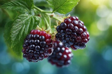 Poster - Fresh blackberries hanging from a lush green plant in a bright garden during summer