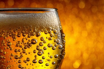 Poster - Golden beer with bubbles in a glass against a warm, shimmering background creates a lively atmosphere at a gathering