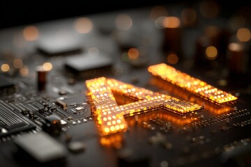 Fototapete - Close-up of glowing AI circuit board display highlighting technology and innovation in modern electronics