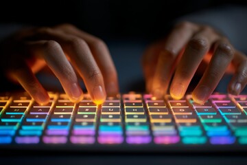 Poster - Colorful keyboard illuminated by hands typing at night in a dimly lit room