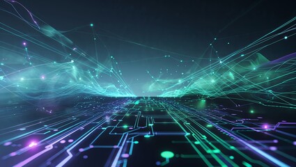 Aufkleber - Digital landscape showcasing futuristic circuits and vibrant light trails with a deep space background