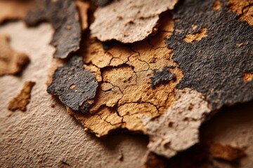 Aufkleber - Textured surface shows cracked and peeling layers of paint and wood in soft natural light highlighting the aging process
