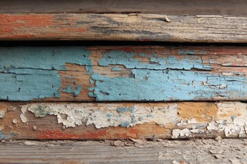 Poster - Peeling paint layers on aged wooden planks create a textured display of color and history in a rustic setting