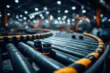 Leinwandbilder - Conveyor belt transporting items in a manufacturing facility during evening hours