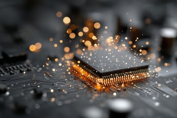 Aufkleber - Microchip on circuit board illuminated by golden sparks during innovative tech demonstration in a modern lab