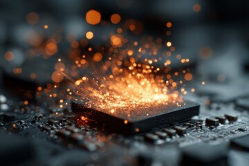Fototapete - Close-up of a computer chip with sparks and light during a tech experiment in a dimly lit lab