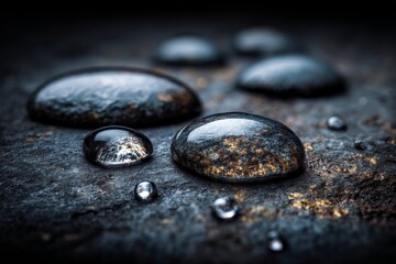 Poster - Water droplets on smooth black stones create a serene and calming atmosphere in a quiet natural setting