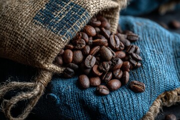 Poster - Freshly roasted coffee beans spilling from a burlap sack on textured fabric at a local market