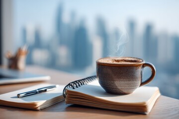 Poster - Morning coffee by the window overlooking a city skyline during sunrise with a notebook and pen on the table