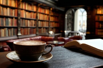 Poster - Cozy coffee break in a library with books and quiet ambiance perfect for reading