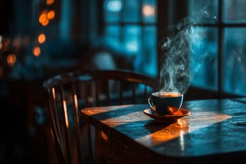 Aufkleber - Cozy coffee moment in a warm cafe during a chilly evening with soft light creating a serene atmosphere