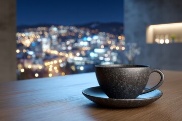 Poster - Coffee cup on wooden table overlooking city lights at night with blurred urban landscape in background
