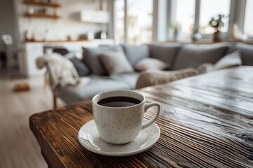 Aufkleber - Warm coffee cup on a wooden table in a cozy living room with modern decor during the morning hours