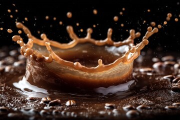 Poster - Coffee splash captures dynamic moment in dark setting with rich detail and texture surrounding the liquid