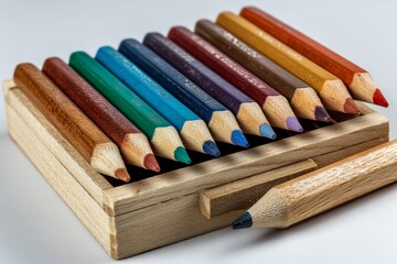 Poster - Colorful collection of wooden colored pencils arranged in a box with a single pencil lying beside it on a white surface
