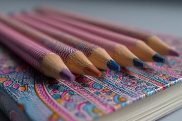 Poster - Colorful pencils arranged on a detailed notebook surface in soft lighting during a creative workspace session