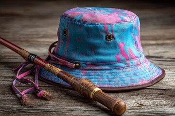 Aufkleber - Colorful bucket hat and vintage fishing rod resting on a wooden surface in natural light