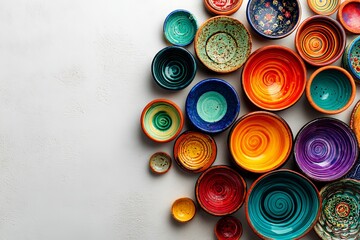 Aufkleber - Colorful ceramic bowls arranged artistically on a smooth surface showcasing intricate designs and vibrant hues