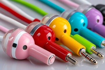 Aufkleber - Colorful earphones lined up on a flat surface highlight modern design and vibrant aesthetics in various shades