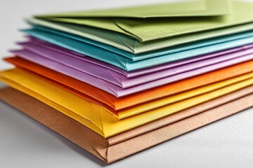 Poster - Colorful stack of envelopes arranged neatly in vibrant hues, showcasing creativity and organization for various occasions