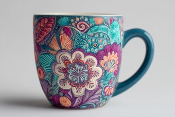 Poster - Colorful ceramic mug with intricate floral design and teal handle displayed on a neutral backdrop