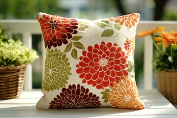 Poster - Colorful floral cushion placed on a wooden table with potted flowers in a sunny outdoor setting
