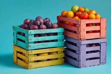 Aufkleber - colorful fruit crates stacked on a turquoise background showcasing fresh produce in a vibrant arrang