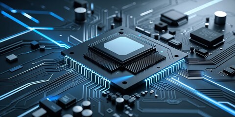 Poster - Close-up view of a circuit board with microchips and glowing blue lines, showcasing intricate electronic design