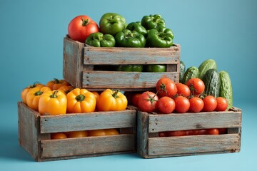 Poster - Freshly harvested vegetables in rustic wooden crates against a blue backdrop showcasing various colors and textures