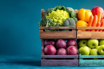 Aufkleber - Fresh assortment of colorful fruits and vegetables arranged in wooden crates on a blue background