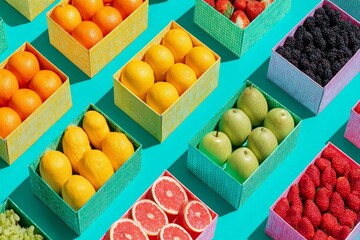 Poster - Colorful fruit boxes arranged neatly on a bright surface at a market stall